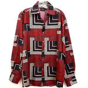 Vintage Monzini Wrinkle Free Red/ Black/ Creme Geometric Longsleeve Shirt